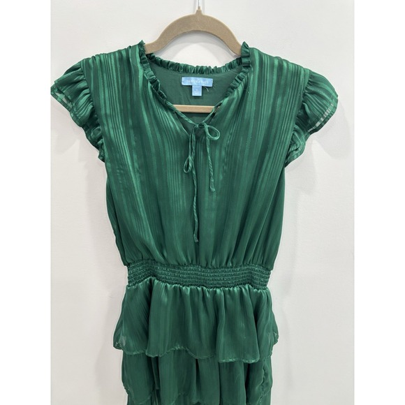 Draper James Green Striped Ruffle Dress Small Smocked Waist Tiered Metallic - Picture 4 of 10